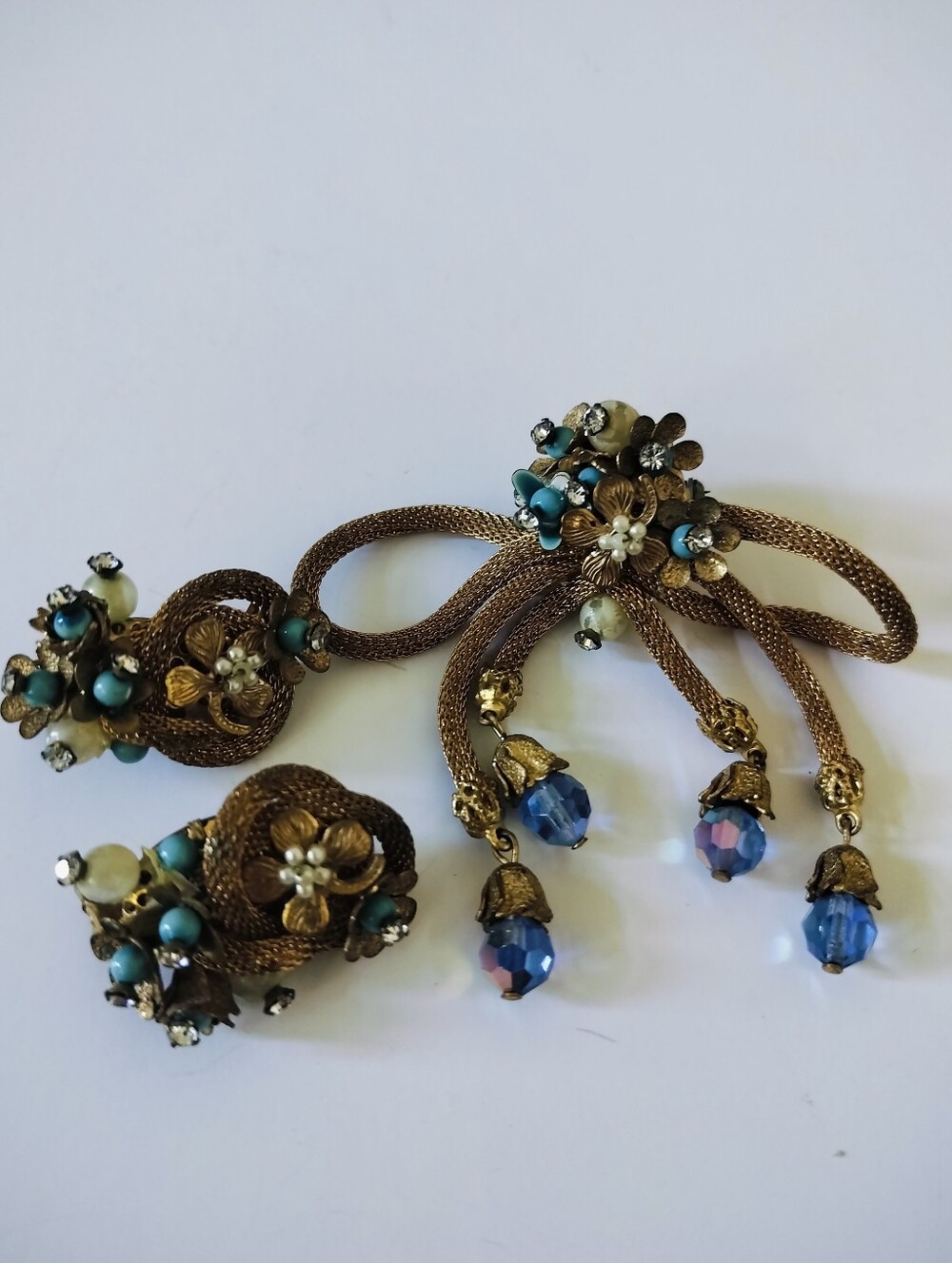 Vintage 1950s Russian Gilt Mesh Bow & Blue Crystal Demi-Parure Brooch & Earrings